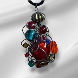 Metal Wire Wrap Multicolour Acrylic Beads Pendant Necklace Black Rope 18 inches